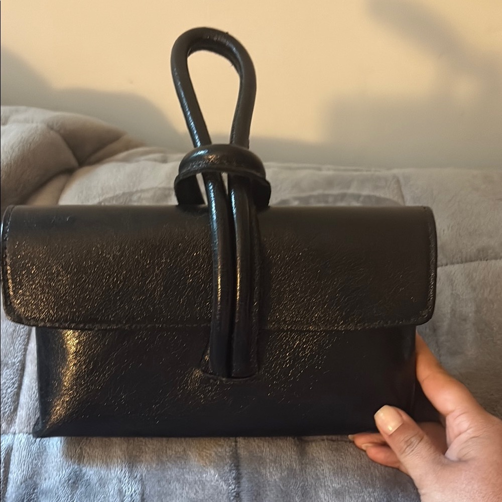 Black Pebbled Leather Wristlet with Fold-Over Flap
